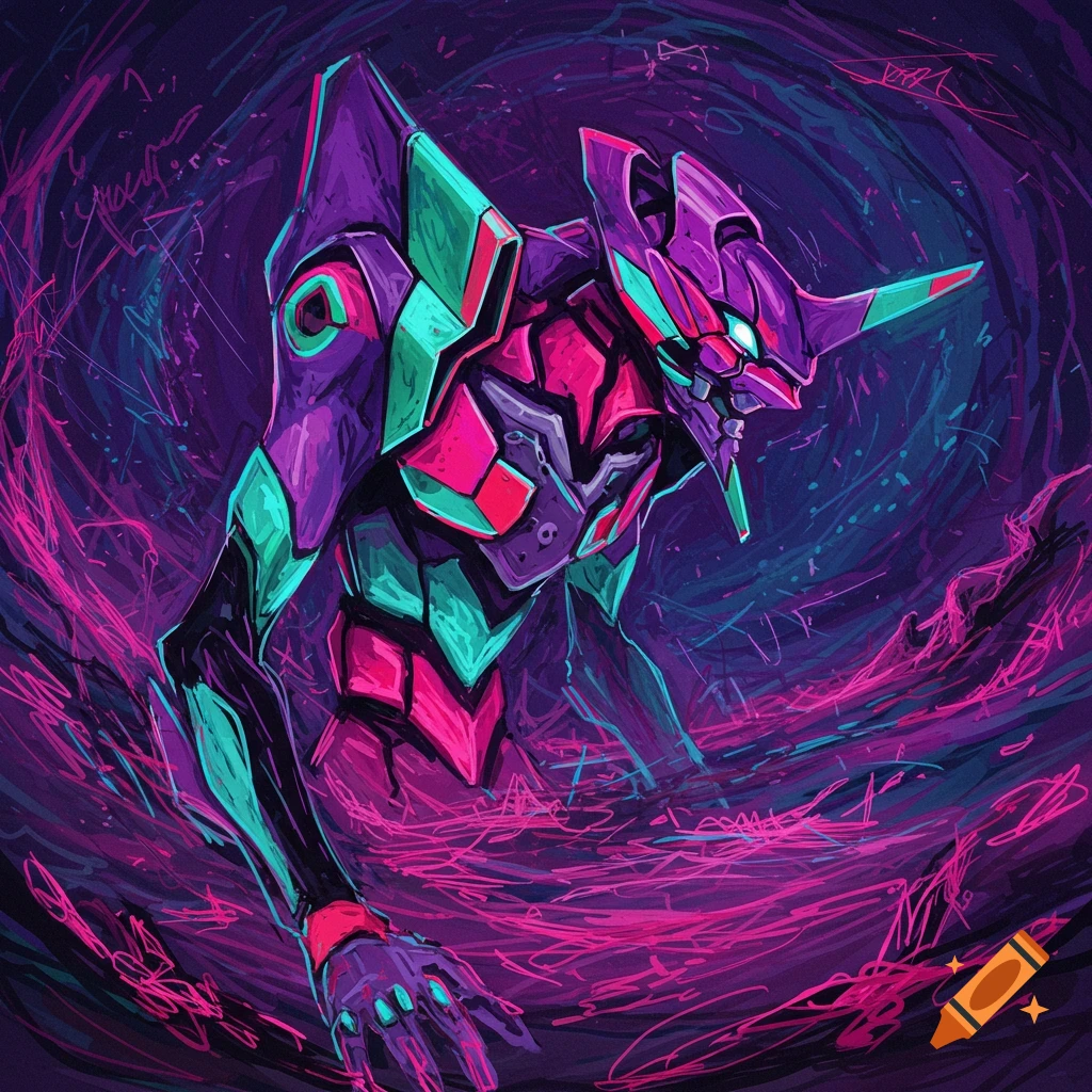 A purple and teal mecha, similar to Evangelion Unit-01, against a dark, abstract background with vibrant pink and purple scribbles.
