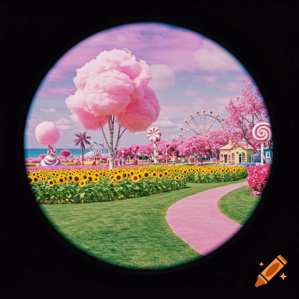 A colorful, whimsical landscape with sunflower fields, cotton candy trees, giant lollipops, and a ferris wheel seen through a circular frame.