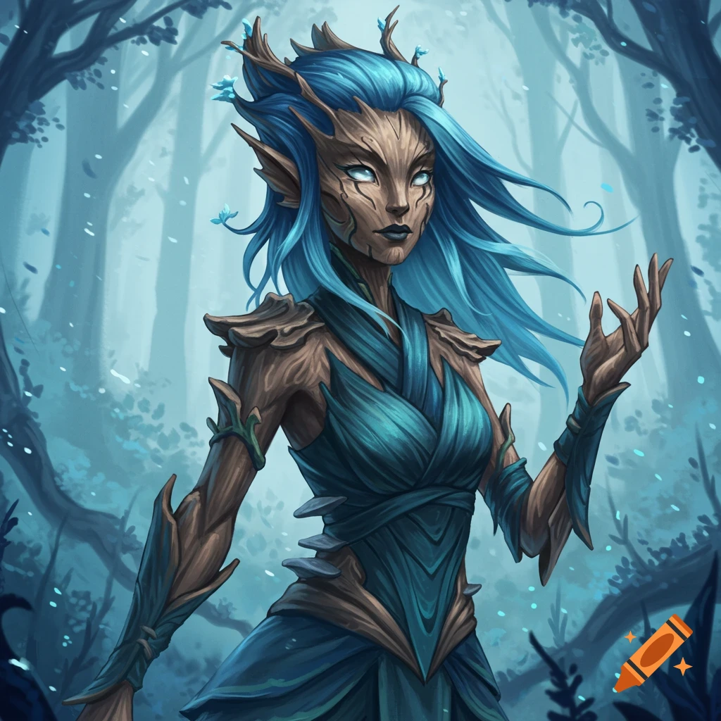 A fungal fantasy woman with blue hair is in a forest.