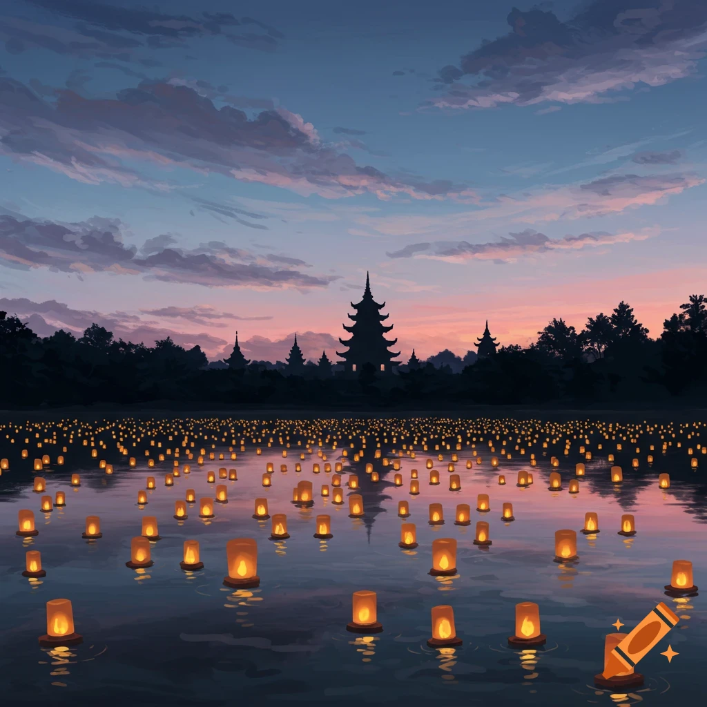 Many lit lanterns floating on water at sunset, with traditional buildings silhouetted in the background.