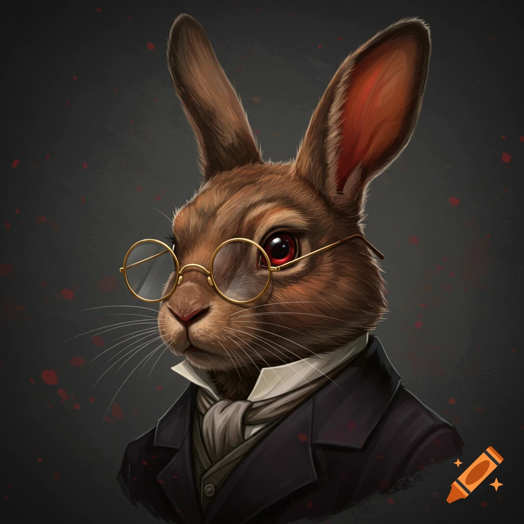 Portrait of a brown rabbit wearing glasses and a suit.