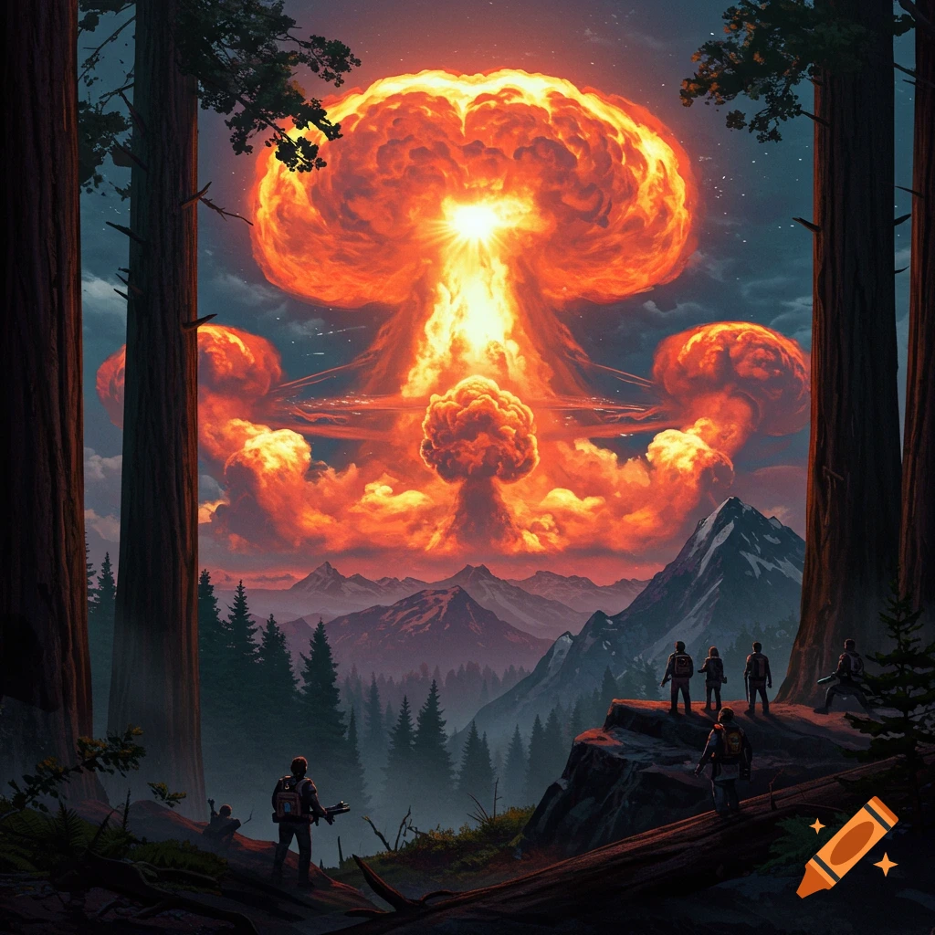 A nuclear explosion over mountains and forest, with figures watching.