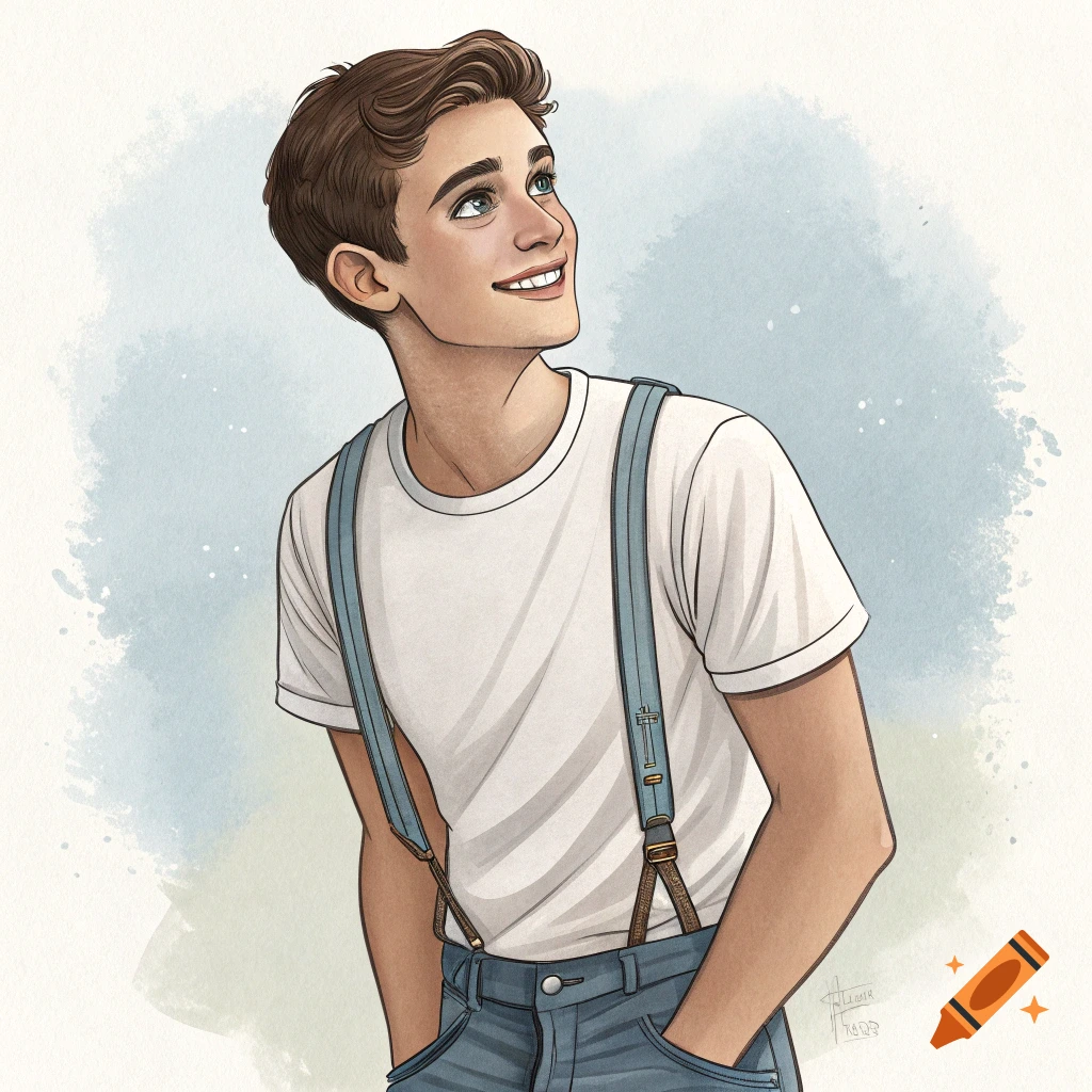 Cartoon illustration of a smiling young man in suspenders looking up.