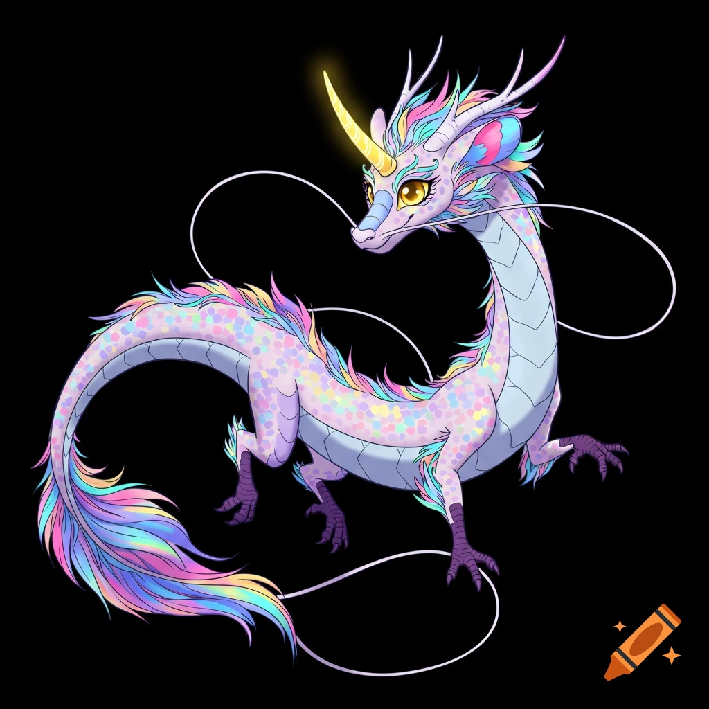 A pastel-colored cartoon dragon with a unicorn horn on a black background