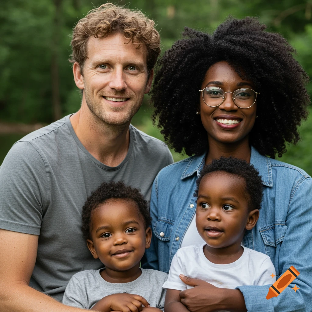 A smiling mixed-race family portrait outdoors in a park.