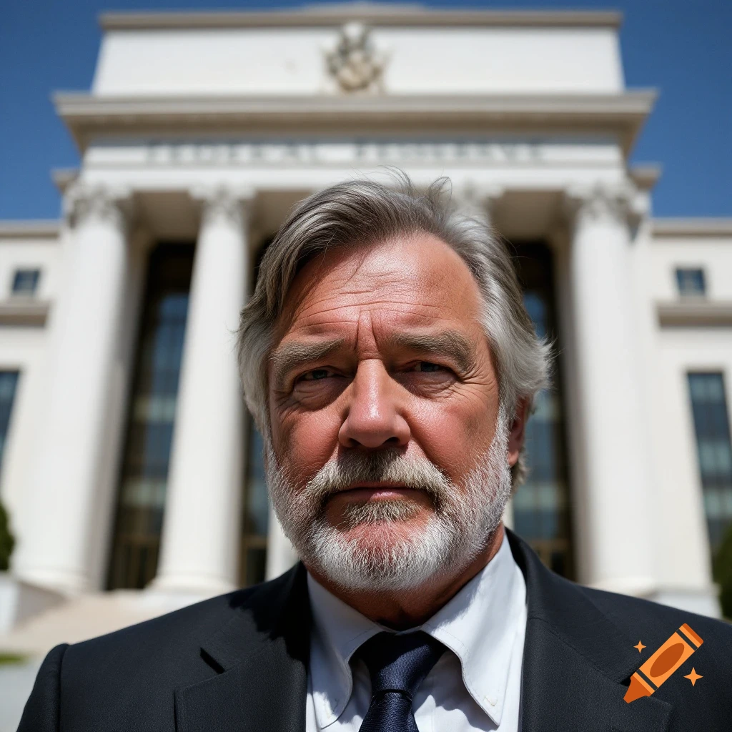 A man with a beard and suit stands in front of a classical building with columns.