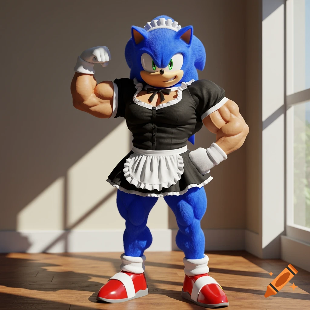 Sonic the Hedgehog in a maid outfit flexing