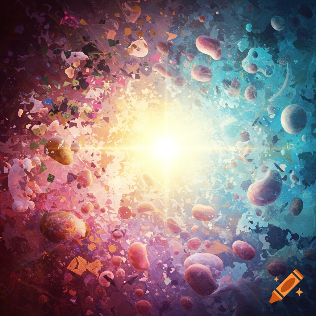 Abstract image of colorful shapes scattering from a bright light.