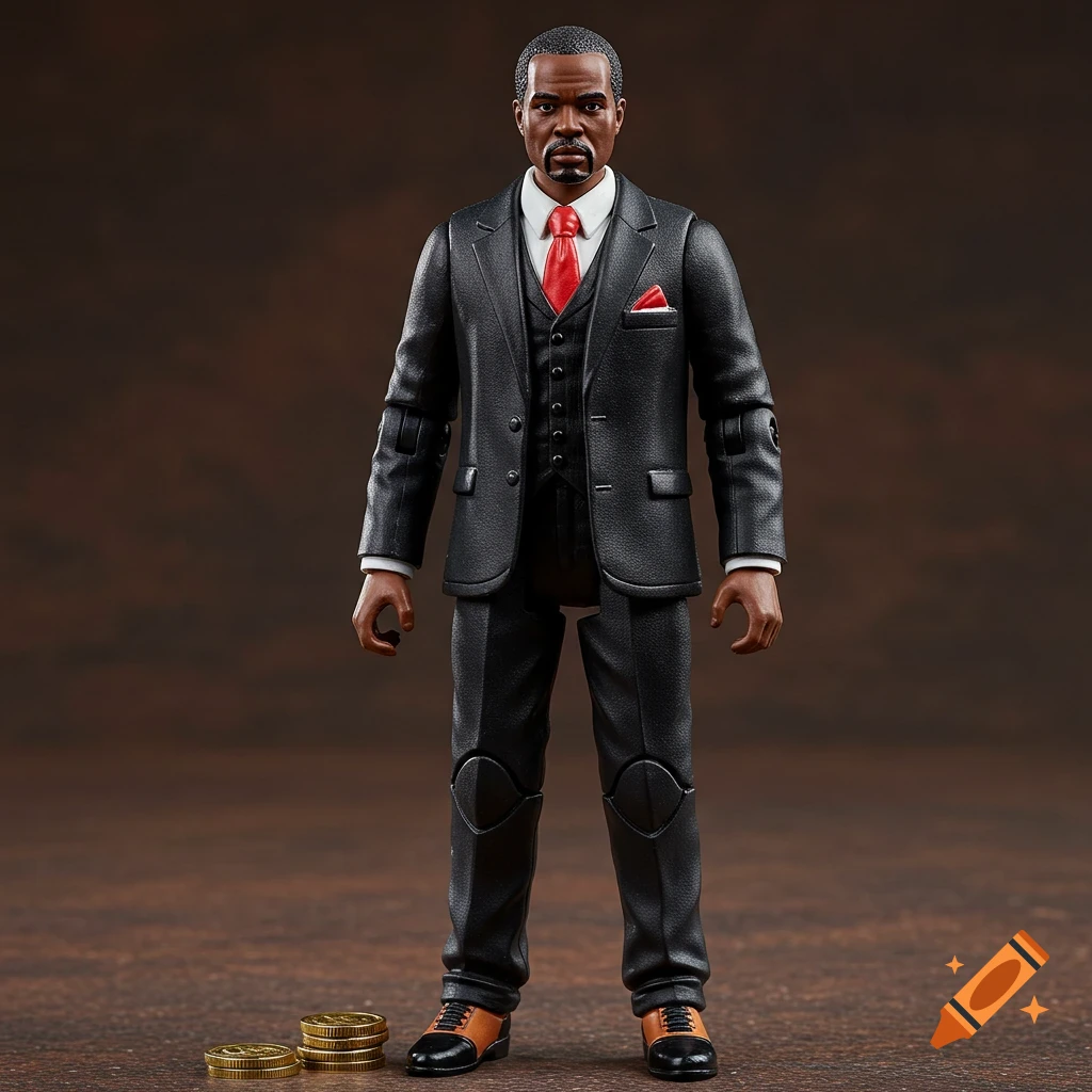 A hyper-realistic action figure of a man in a black suit and red tie standing next to a stack of gold coins.
