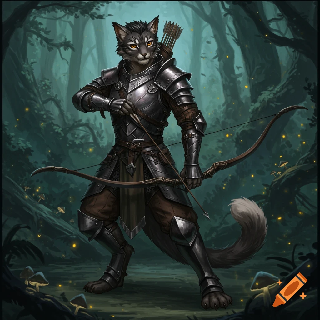 A Tabaxi archer in armor holds a bow in a forest.