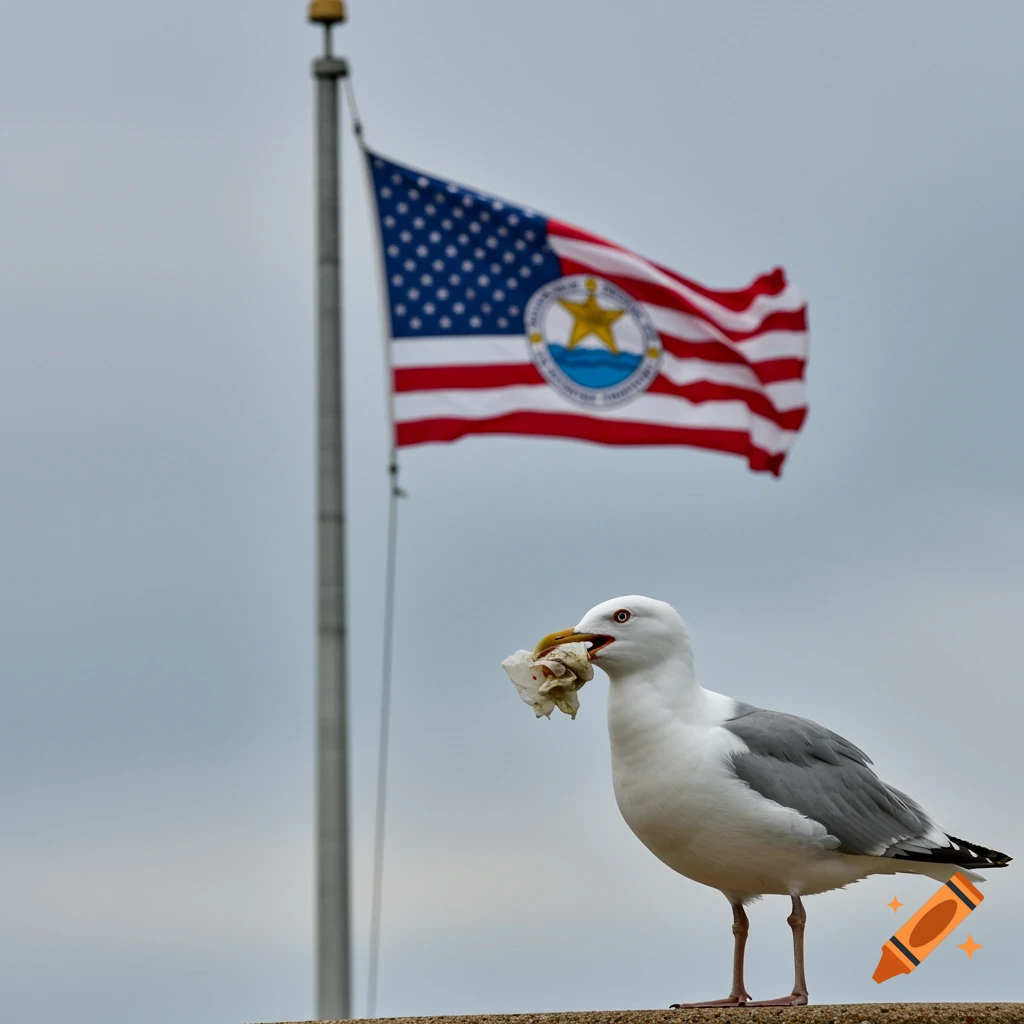 A seagull holds crumpled trash in its beak with a West Allis flag in the background.