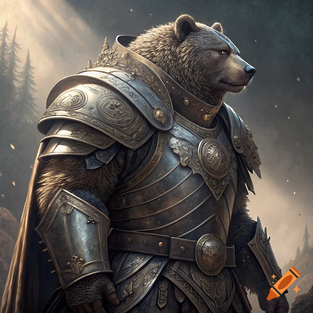 A bear warrior in ornate fantasy plate armor stands in a forest.