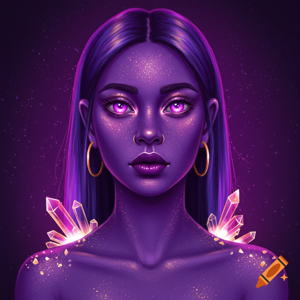 A woman with purple skin, glowing purple eyes, gold highlights, and glowing crystals on her shoulders.