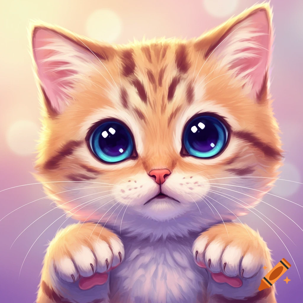 A cute anime-style ginger tabby cat with big blue eyes looks at the camera.