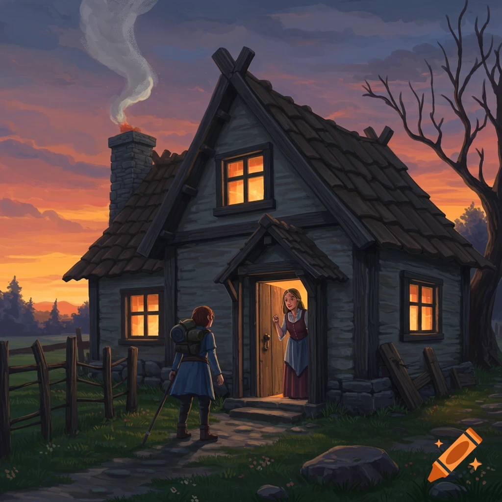 A traveler approaches a cottage at sunset, greeted by a woman at the door.