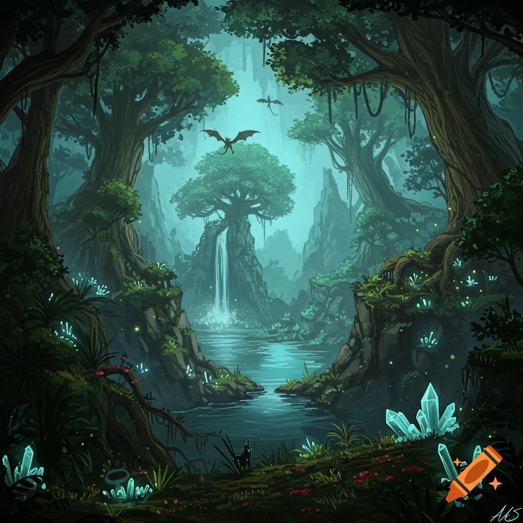 A hidden fantasy jungle landscape with dragons flying over a waterfall, glowing crystals, and lush foliage.