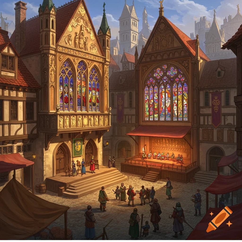 A medieval town square with a guild house, performance stage, and people