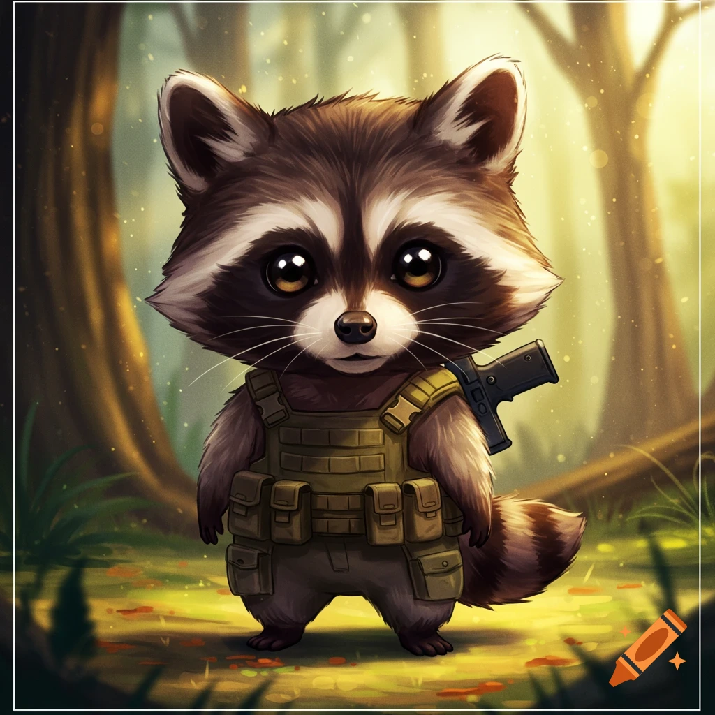 Cute tactical raccoon wearing vest and pistol in a forest