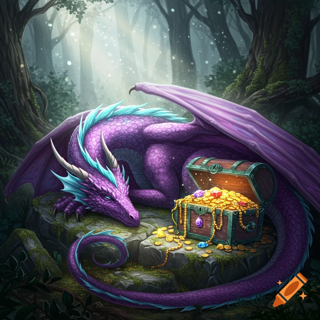A purple dragon sleeps next to an open treasure chest overflowing with gold and gems in a sunlit forest.