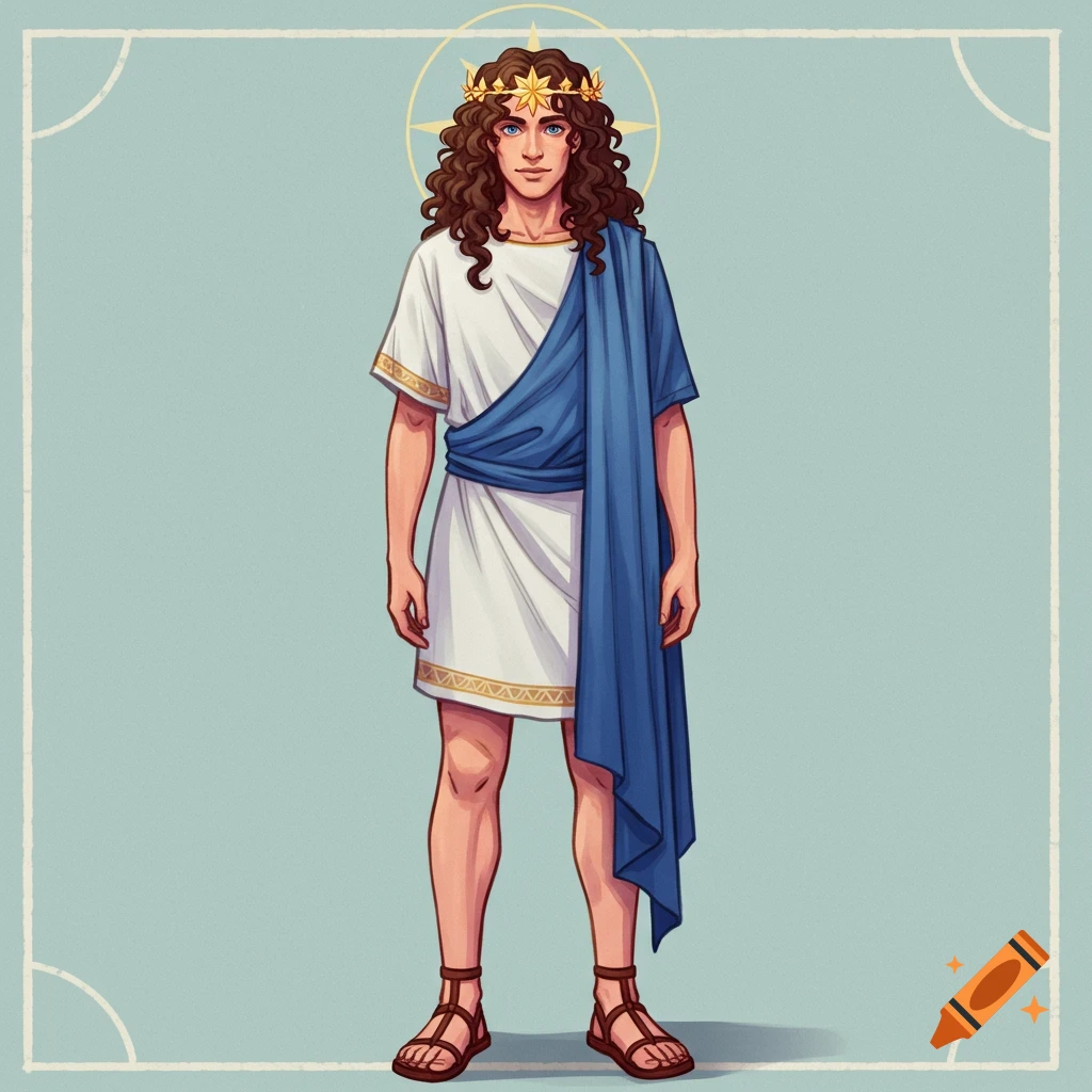 A full-body image of a person in a white tunic, blue cloth, sandals, and a golden star crown with a halo.