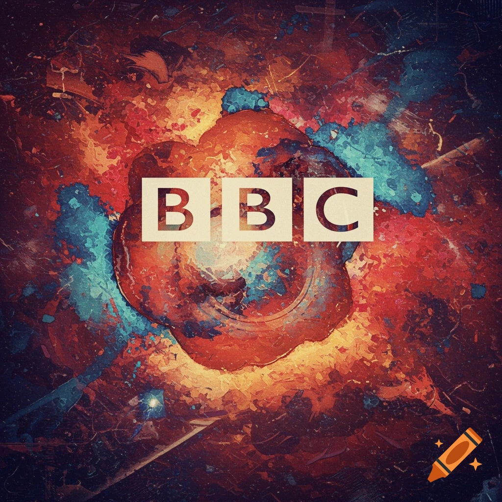 The BBC logo rendered in a vibrant, abstract, surreal style.