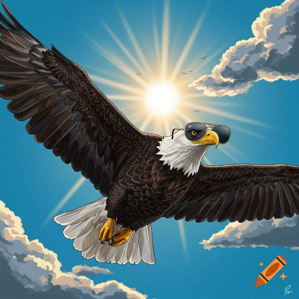 A bald eagle flying through a sunny sky wearing sunglasses.