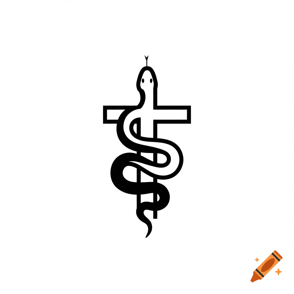 Black and white vector graphic of a snake coiled around a cross.