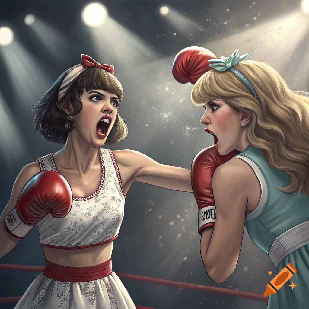 Two women in retro boxing outfits fighting in a ring.