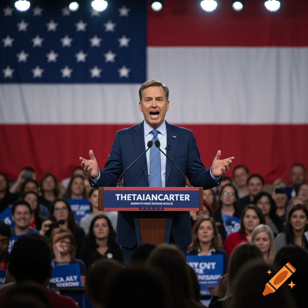A man in a suit speaks at a podium to a crowd with a US flag behind him, photorealistic.