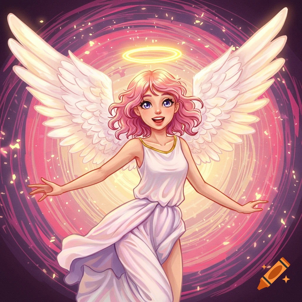 Anime-style angel with pink hair, white wings, and a halo, wearing a white dress.