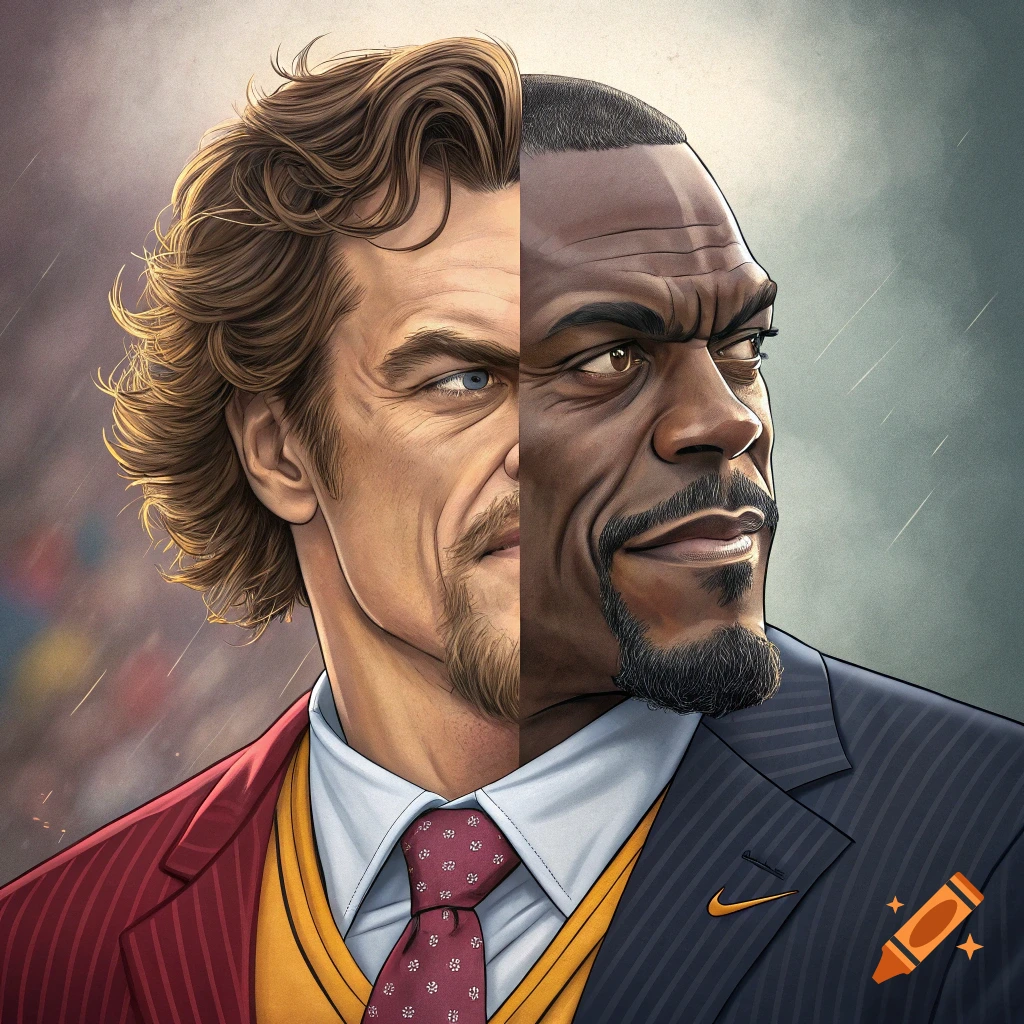 Stylized portrait illustration combining two men, split down the middle, wearing suits, one with curly hair, one with a goatee.