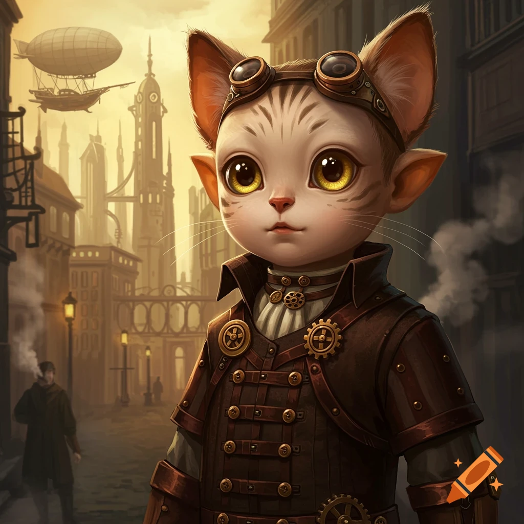 A cat-like child in a steampunk outfit stands in a steampunk city with airships.
