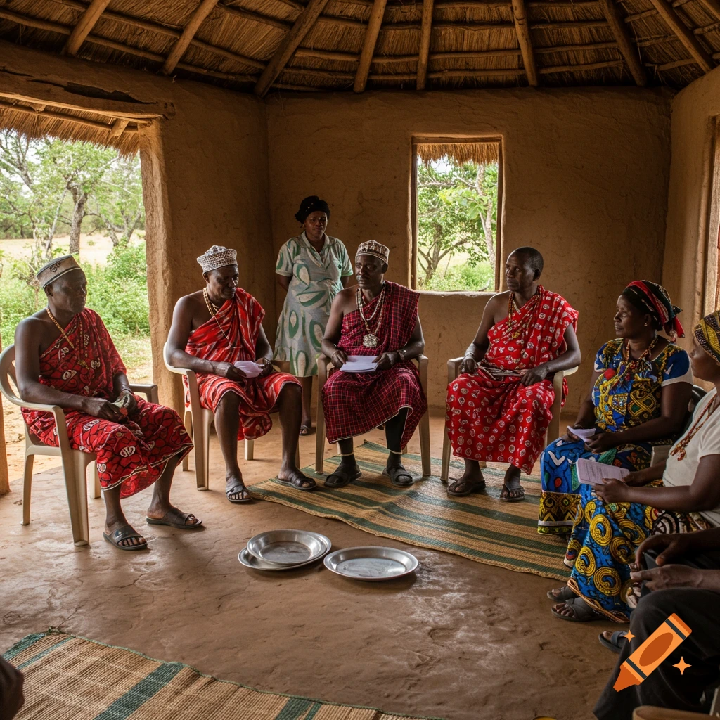 Group of people in traditional African clothing gathered inside a building