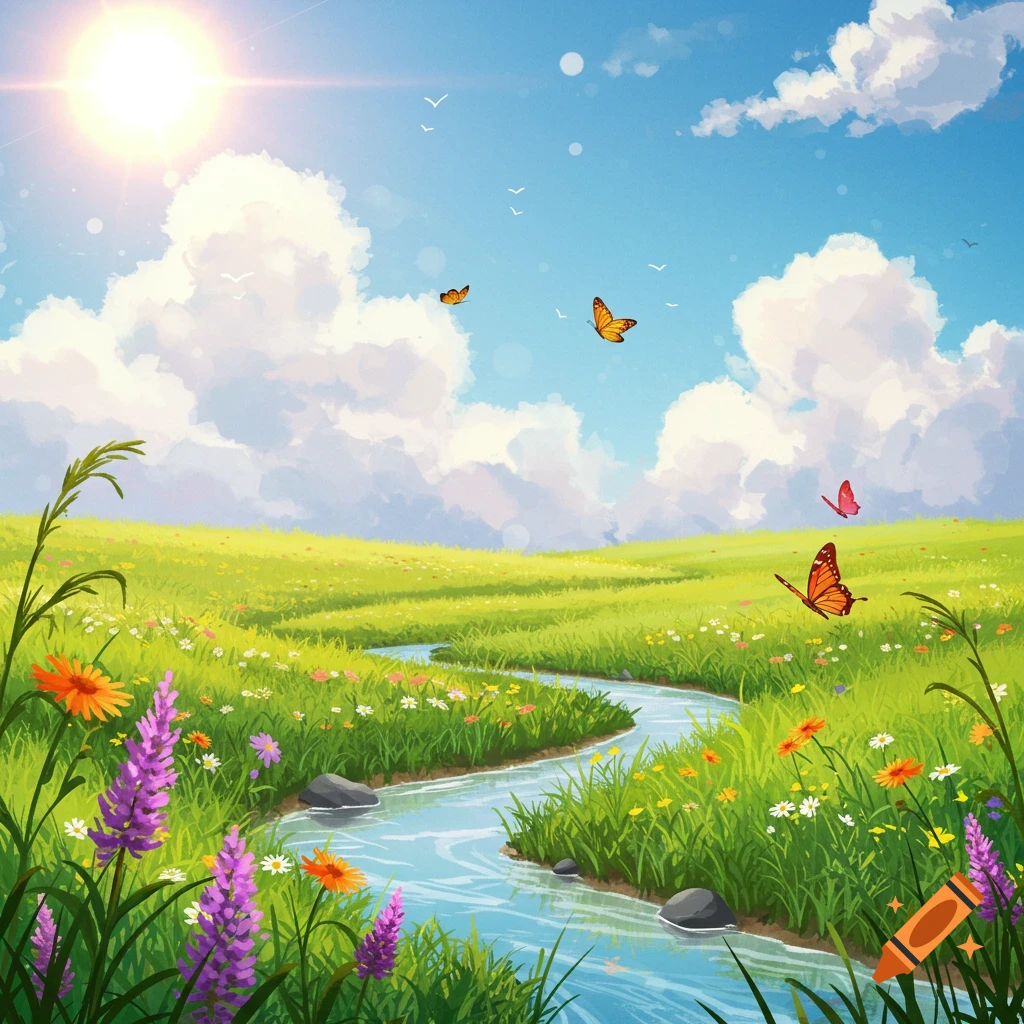 A sunny meadow with a stream, flowers, and butterflies.