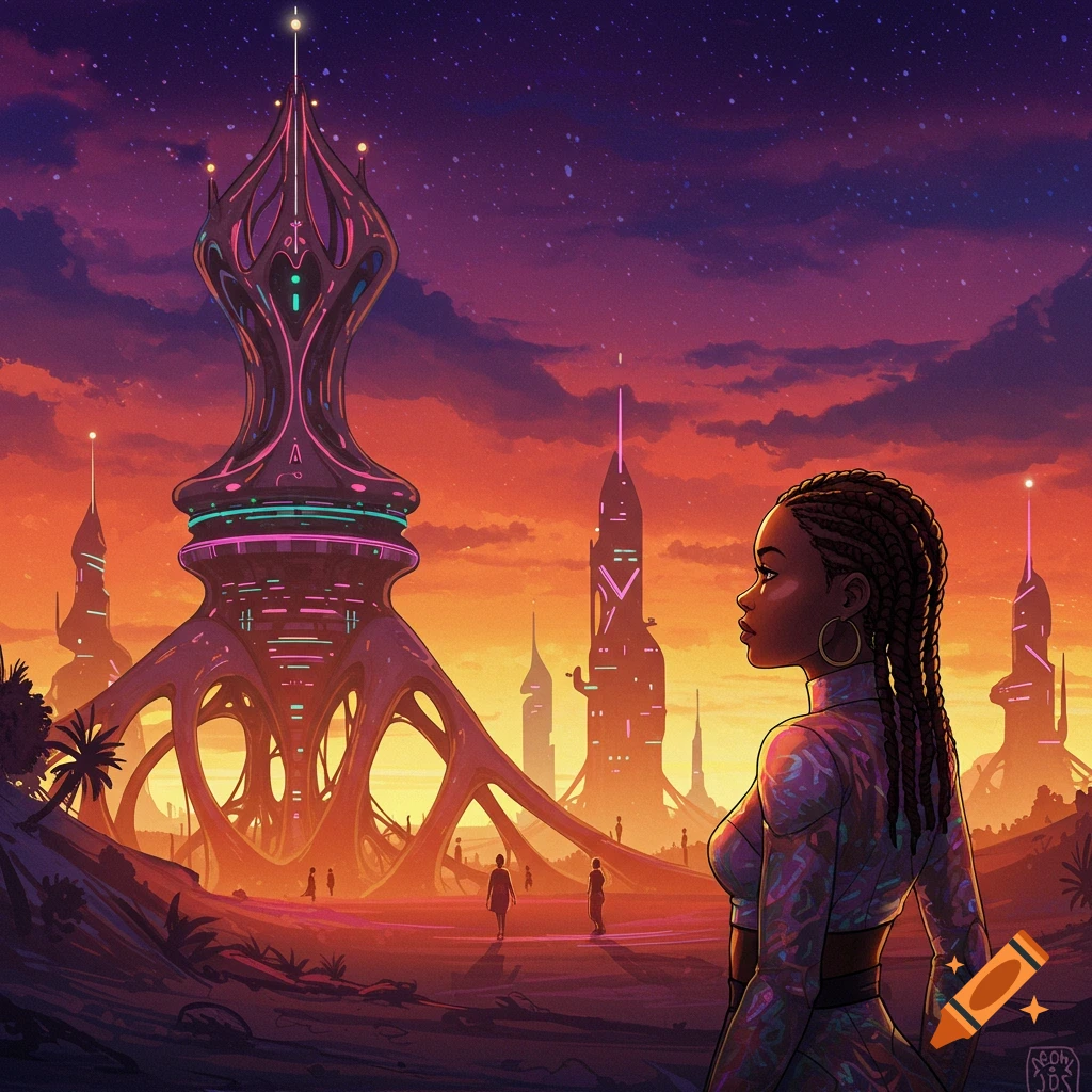 A person looking towards a futuristic city skyline under a starry sky and sunset.