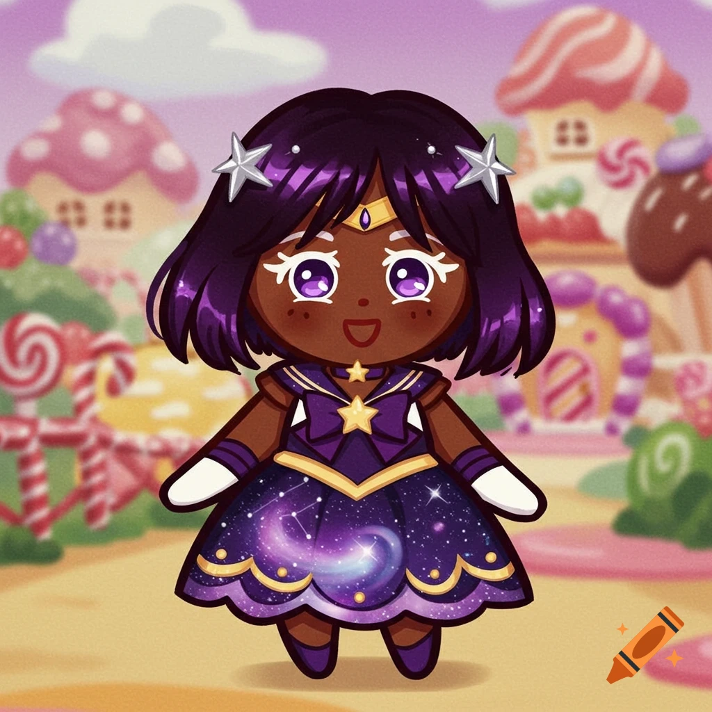 A dark brown cookie character dressed as Sailor Saturn with a galaxy skirt stands in a candy land background.
