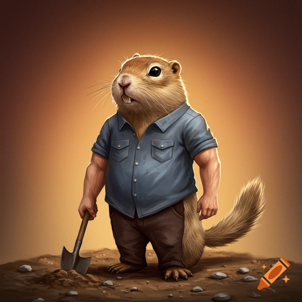 An anthropomorphic gopher-man wearing a shirt and pants and holding a shovel.