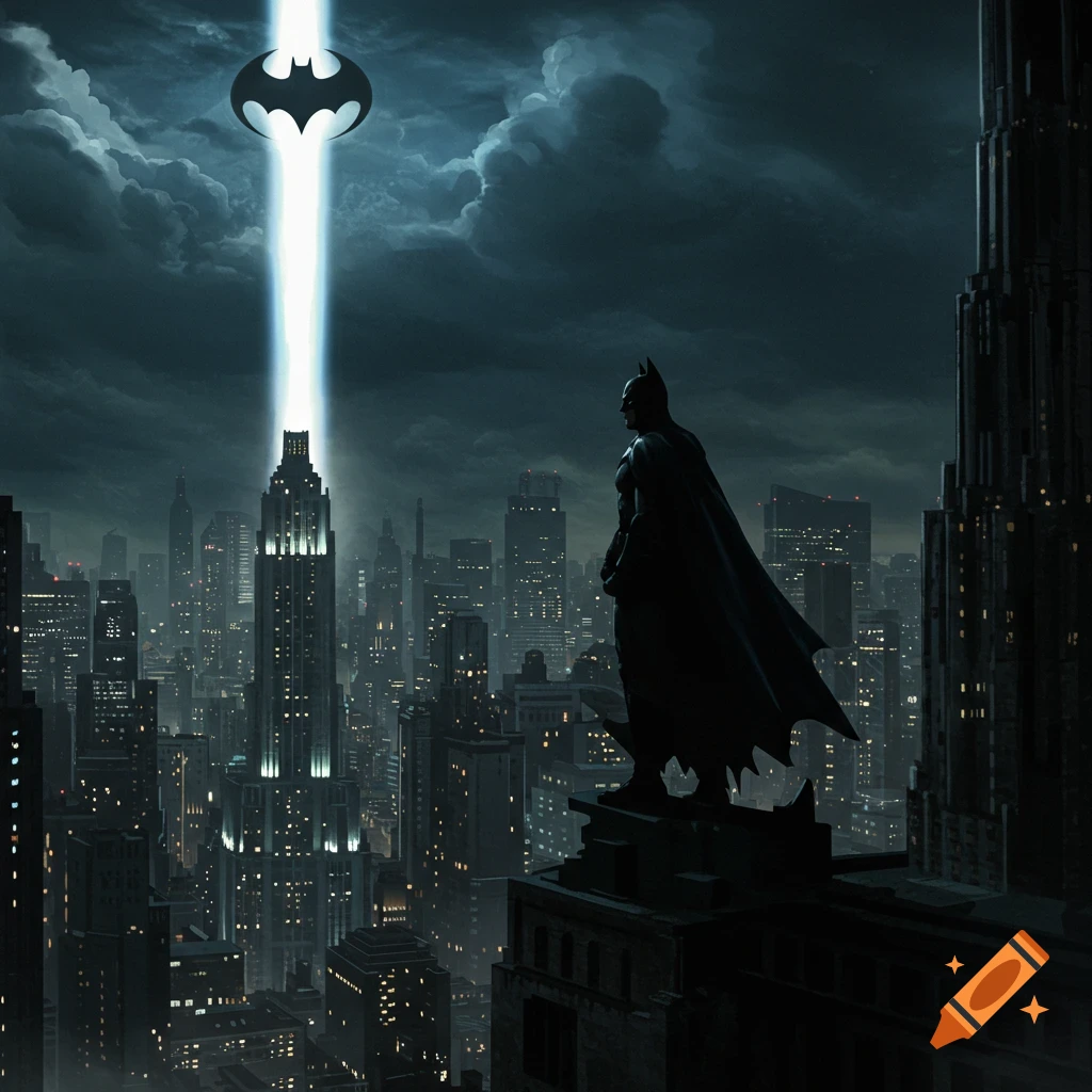 An image of Batman on a rooftop looking at the Bat-Signal over Gotham City.