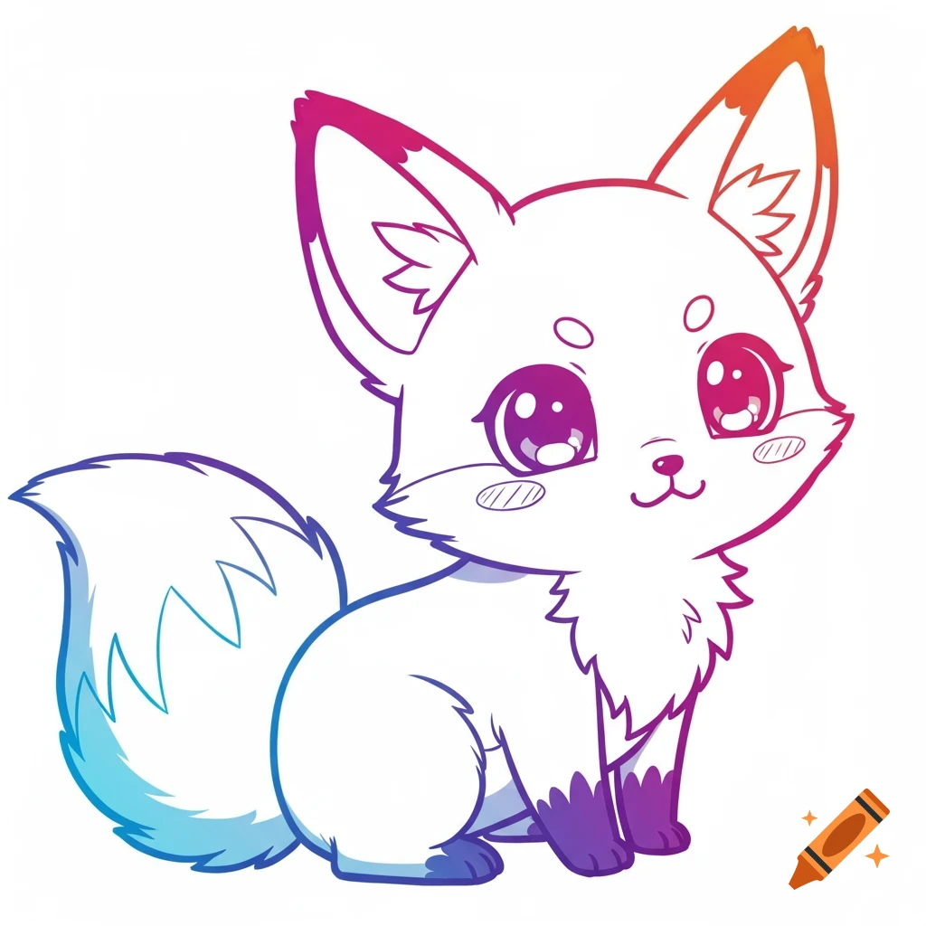 A cute cartoon fox with a rainbow gradient outline sits looking forward.