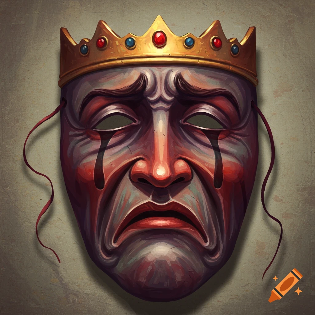 A tragic theater mask wearing a golden crown, with tears running from its eyes.
