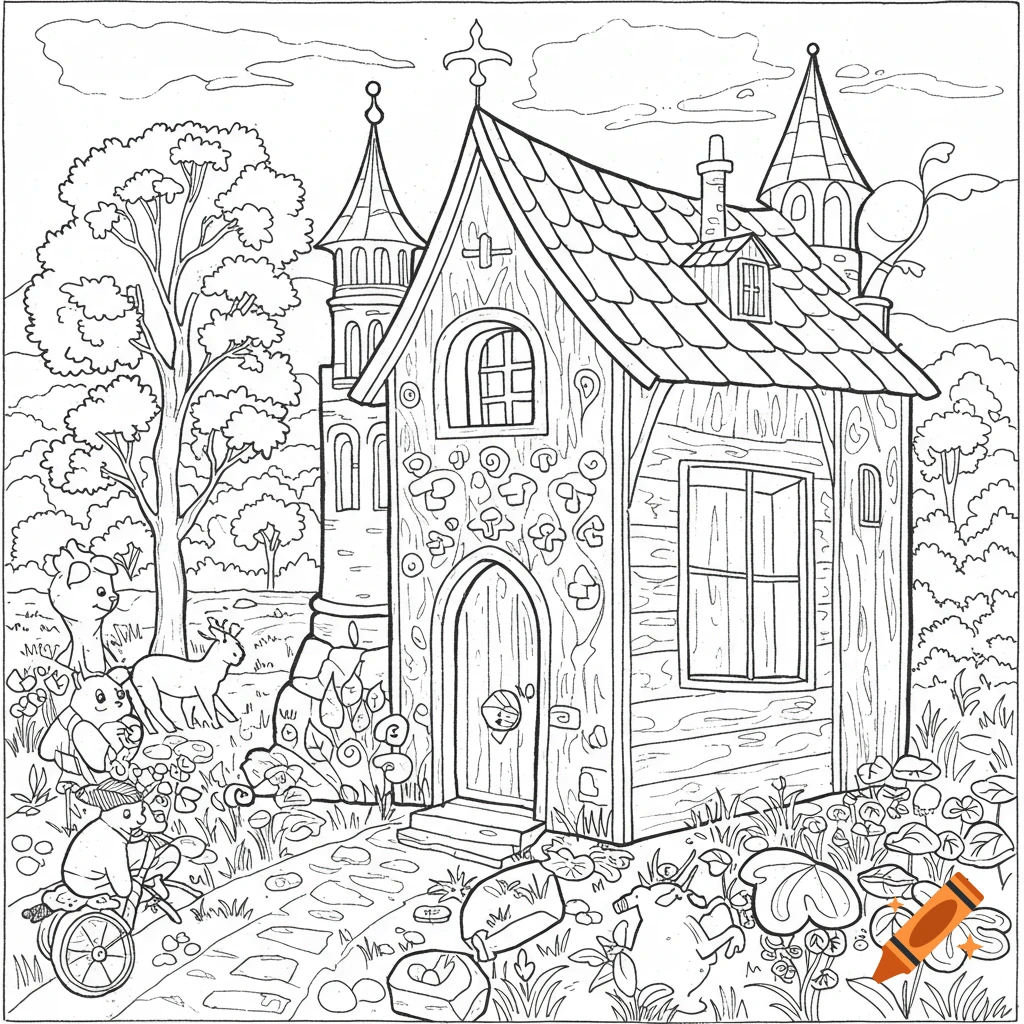 Black and white coloring page of a fairy tale house with animals in a garden.