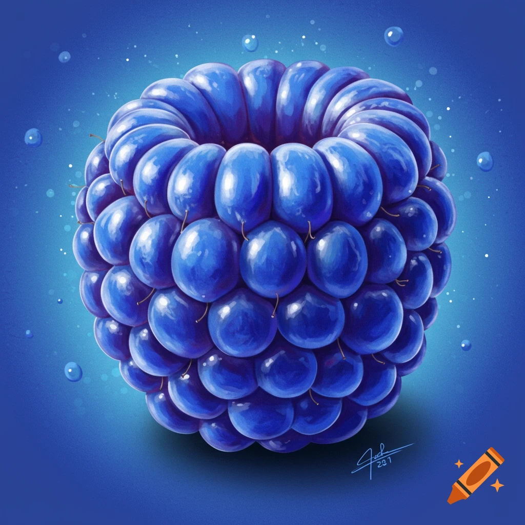 Blue raspberry with water droplets on a blue background.