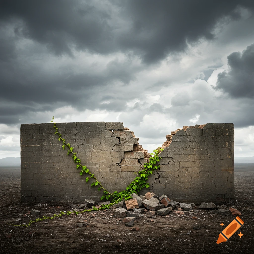 Photorealistic image of a broken concrete wall covered in ivy in a desolate landscape under a dark, cloudy sky.