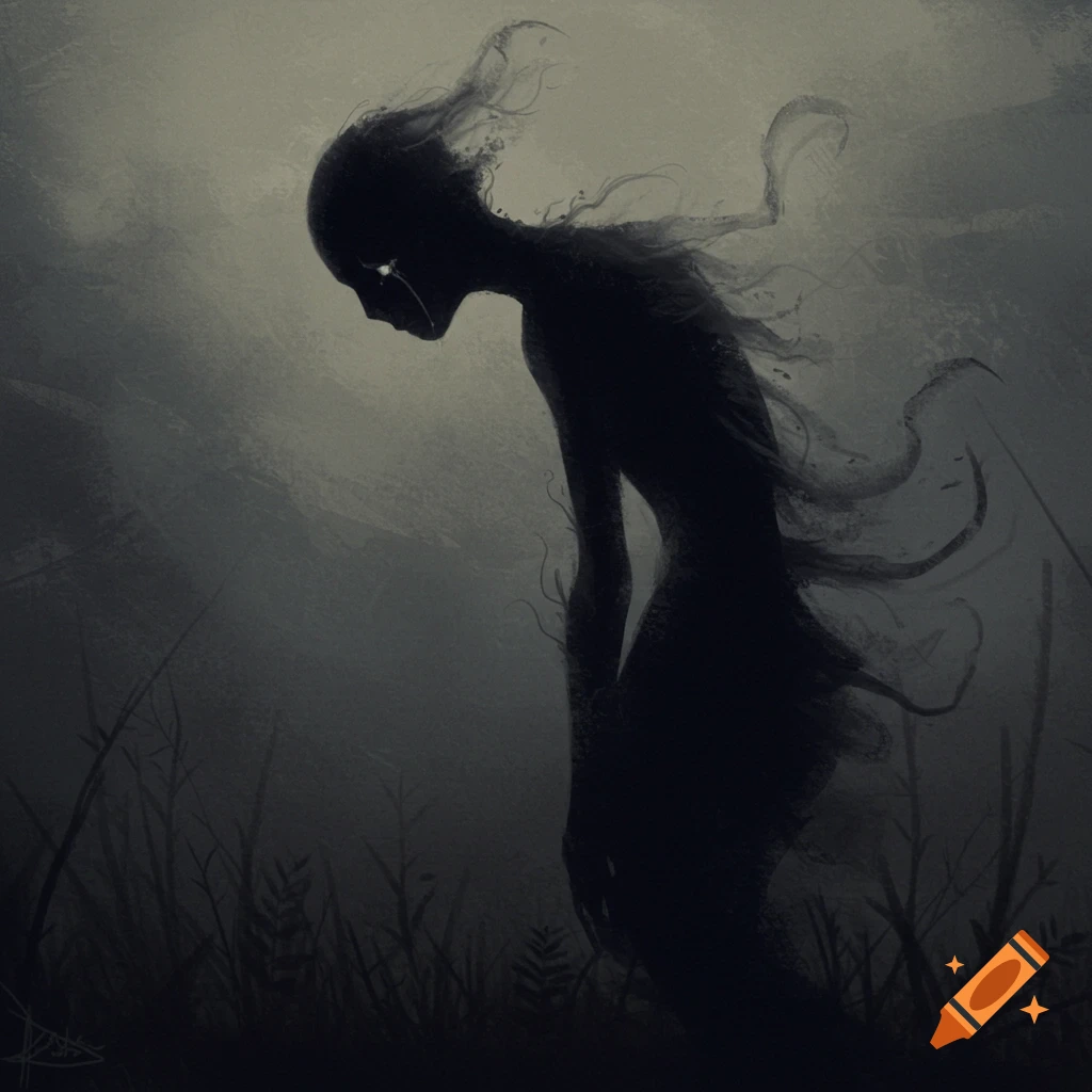 A dark, shadowy figure with glowing eyes and a tear, silhouetted against a misty background.
