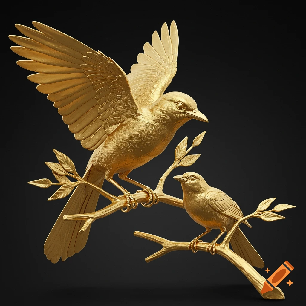 Two golden birds perch on a branch in a detailed sculptural style.