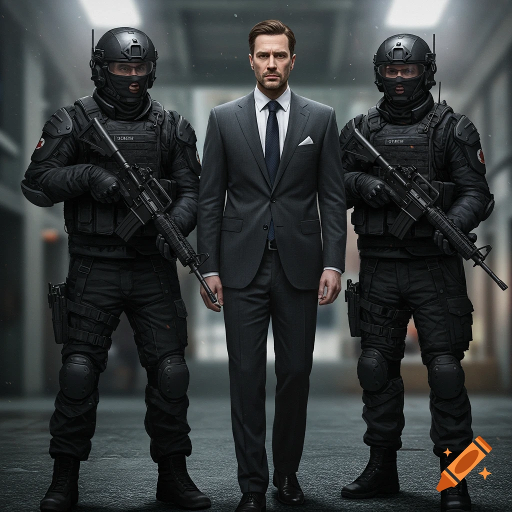 A man in a suit stands between two soldiers in black tactical gear.