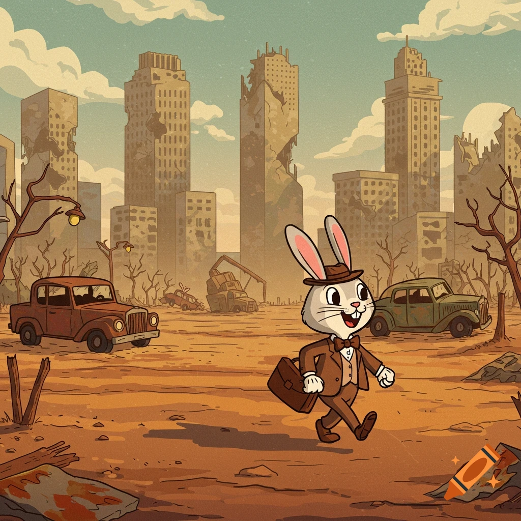 Cartoon bunny in suit walks through a ruined cityscape.