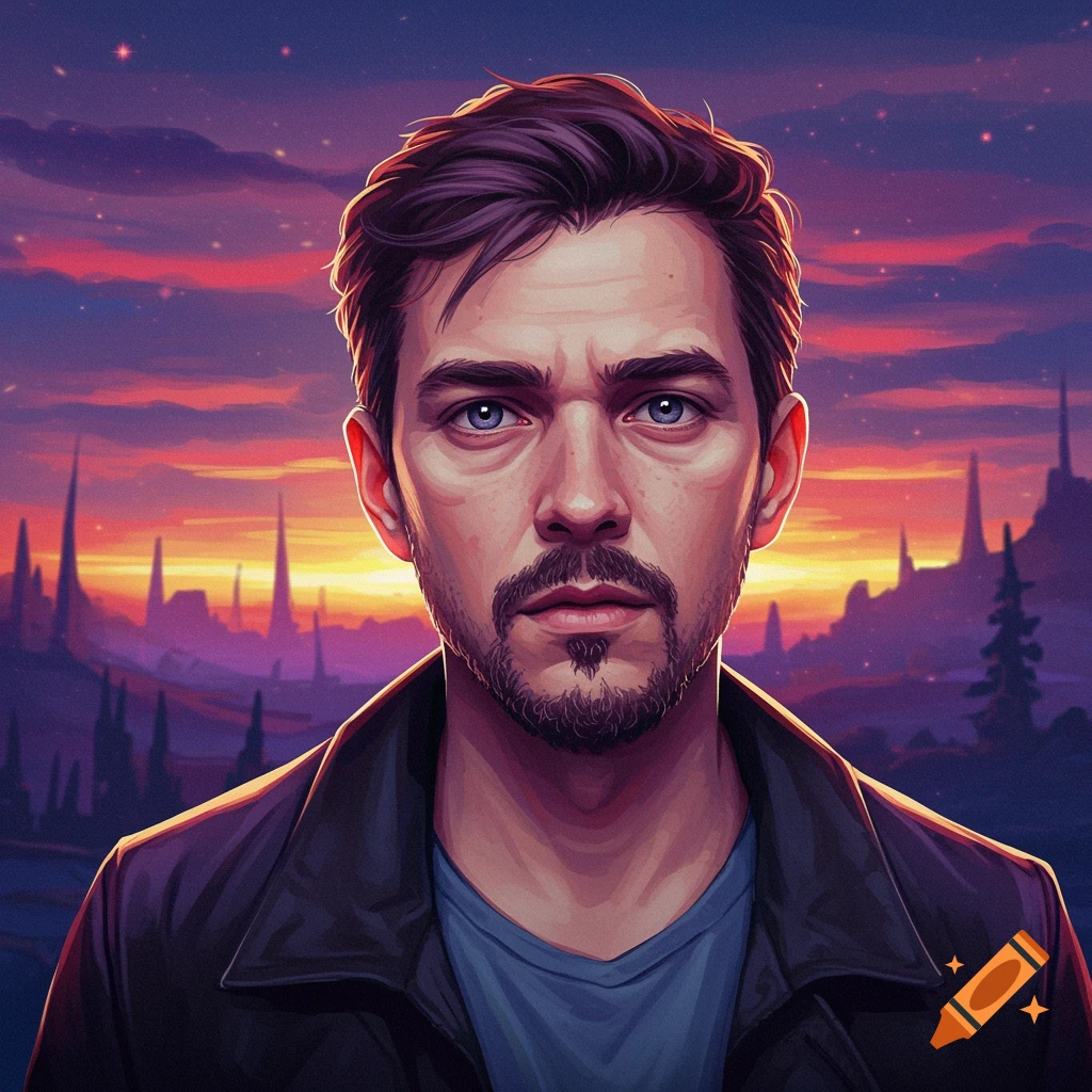A man with a beard and blue eyes against a sunset fantasy landscape.