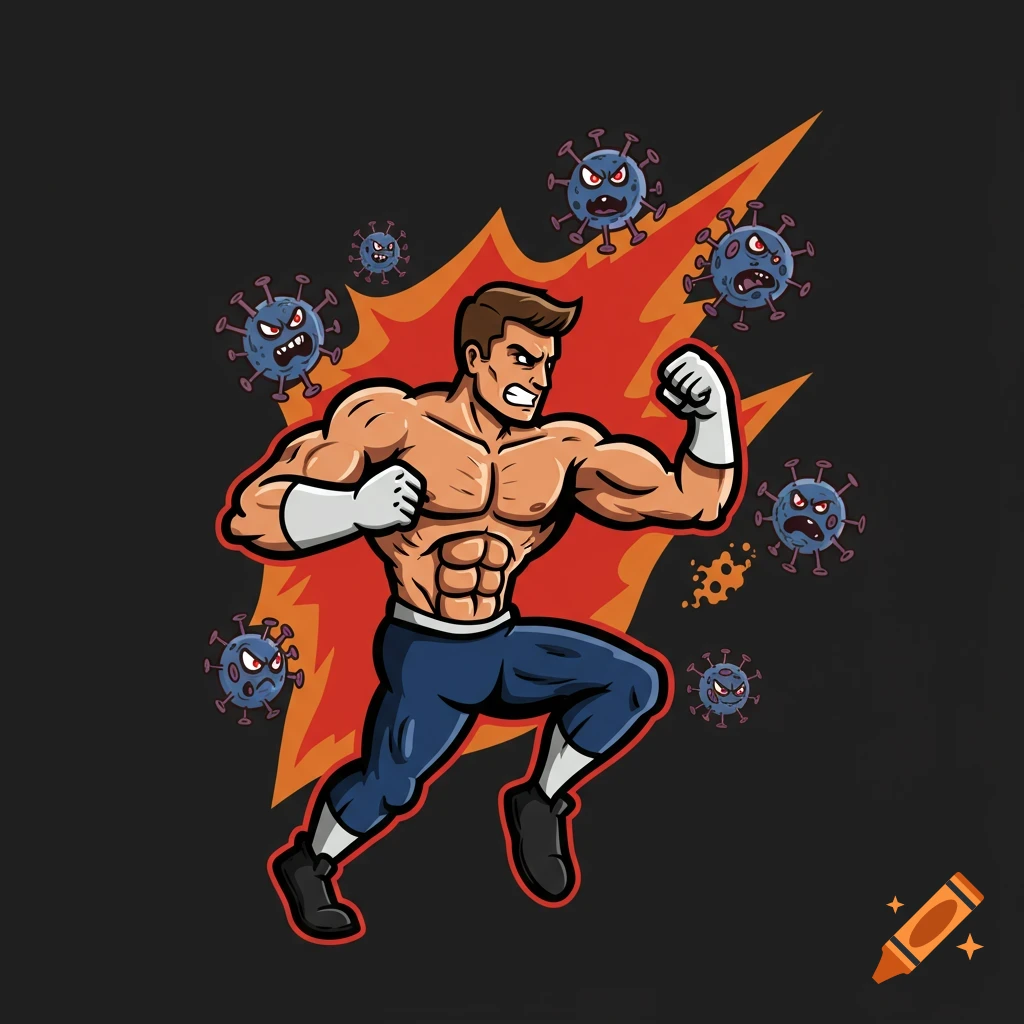 Cartoon muscular man fights cartoon viruses in a sports logo style