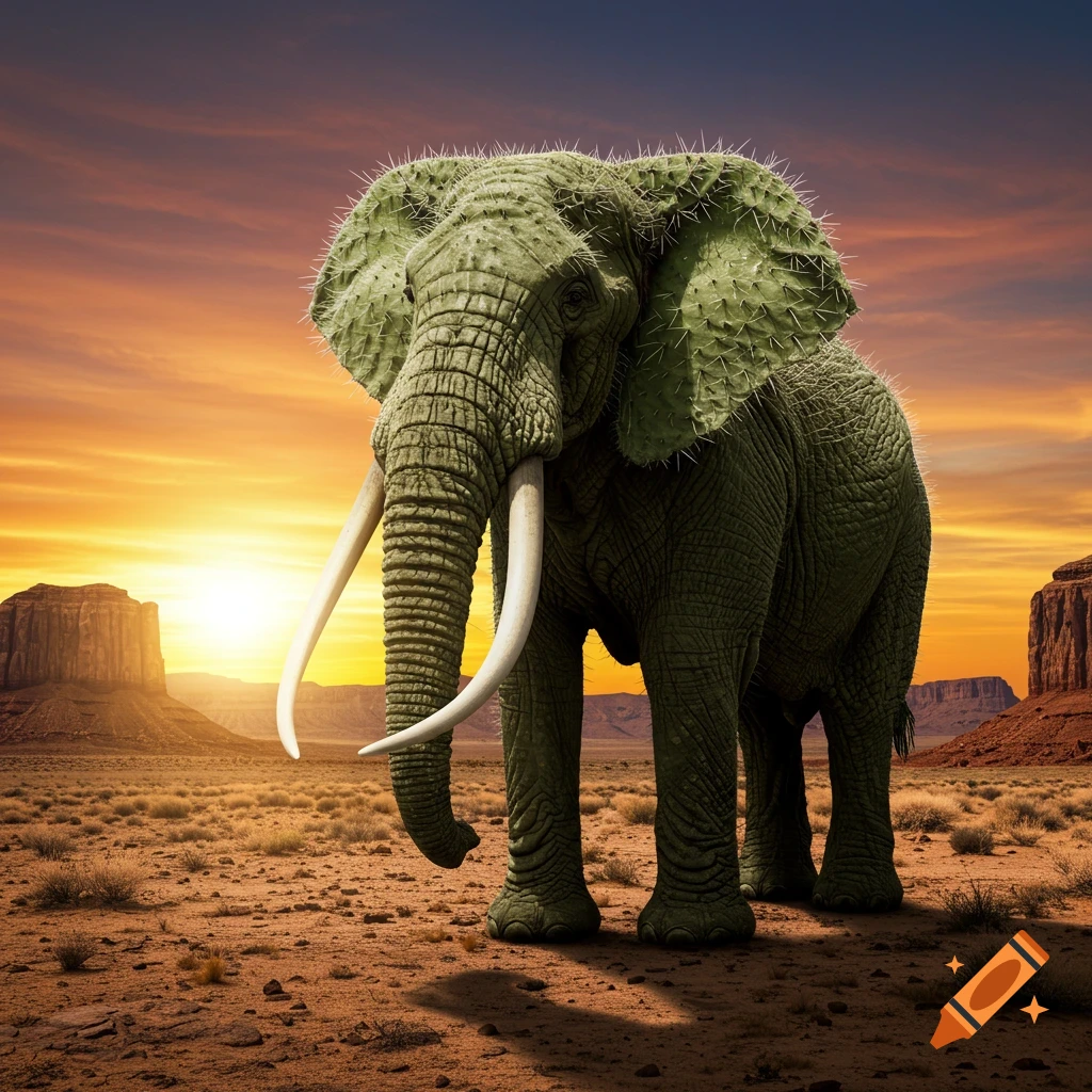 A surreal elephant with skin like a cactus, covered in spikes, stands in a desert landscape at sunset.